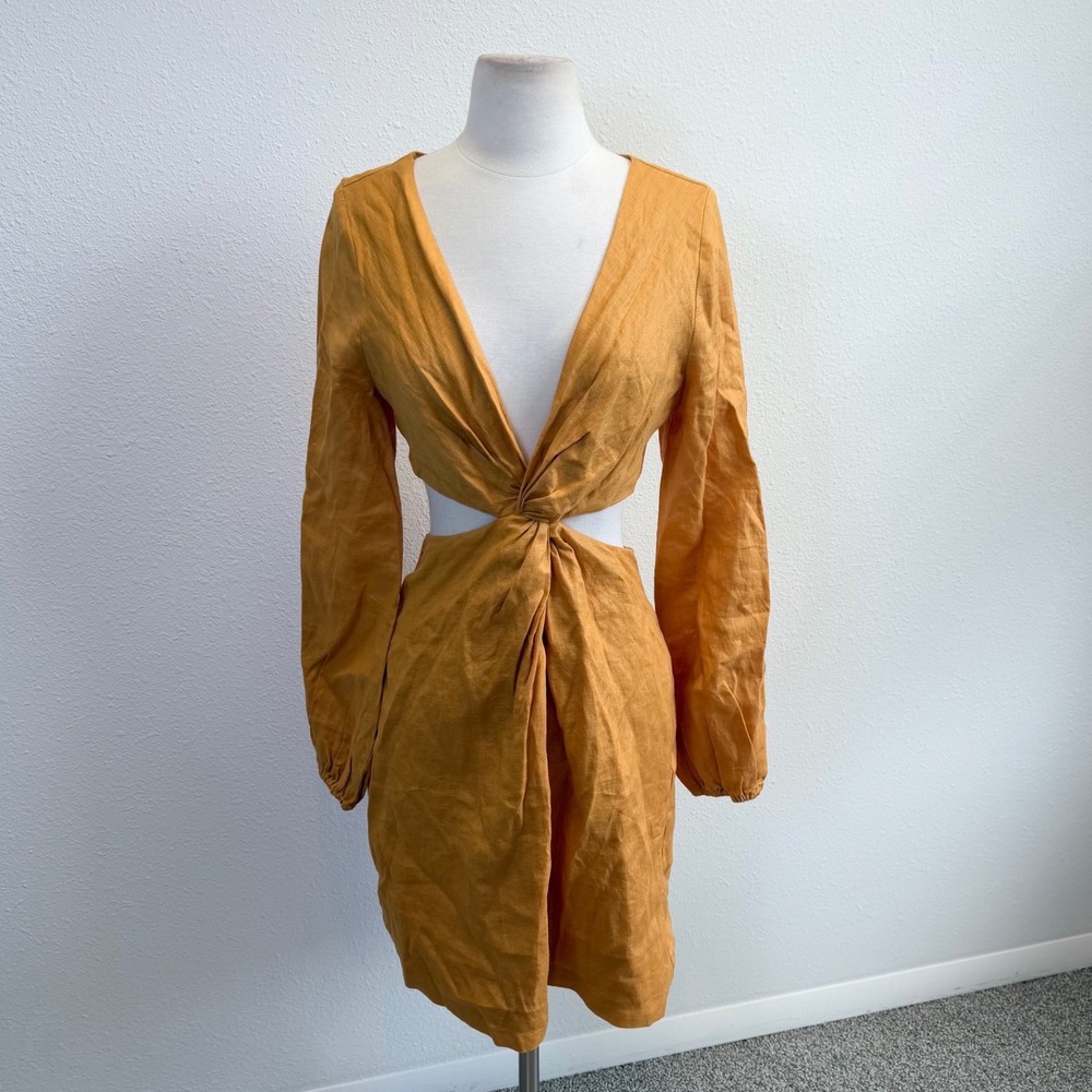 DISSH Tina Marigold Linen Twist Mini Dress Size 4 Cutout Long‎ Sleeve V Neck